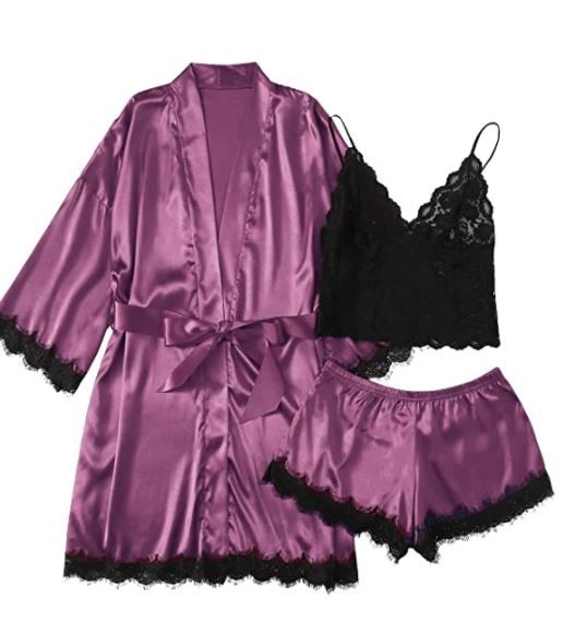 Photo 1 of Women's Lace Cami Top and Shorts Satin Silk Lingerie Set with Robe Pajamas Sleepwear size xl