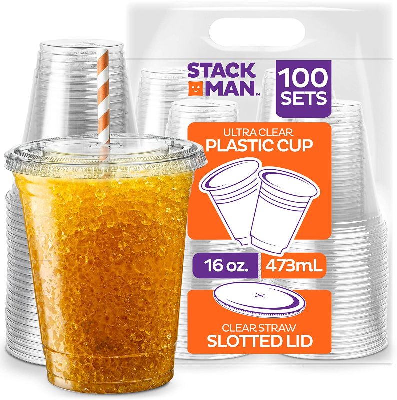 Photo 1 of [100 Sets - 16 oz.] Clear Plastic Cups with Straw Slot Lid, PET Crystal Clear Disposable 16oz Plastic Cups with lids