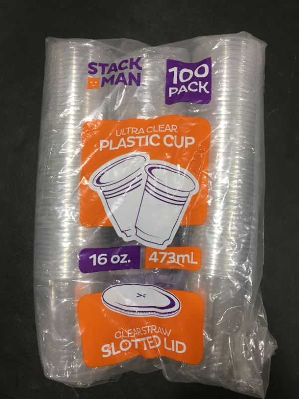 Photo 2 of [100 Sets - 16 oz.] Clear Plastic Cups with Straw Slot Lid, PET Crystal Clear Disposable 16oz Plastic Cups with lids