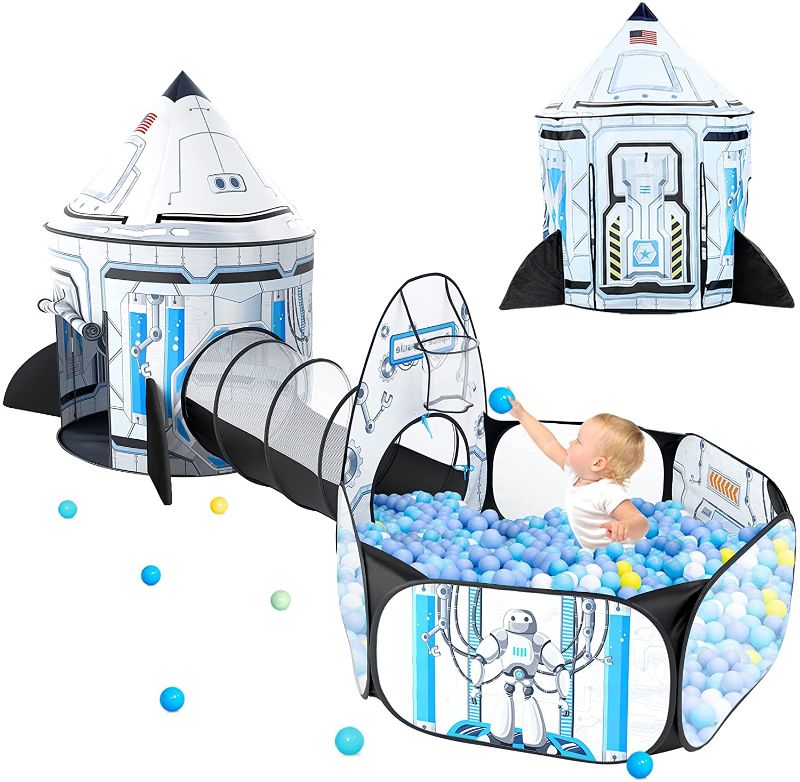 Photo 1 of White Rocket Ship Kids Ball Pit with Play Tent and Play Tunnel, Kids Pop Up Tent for Indoor Outdoor, Space Toys for Boys Girls Babies Toddlers Playhouse (3 in 1)