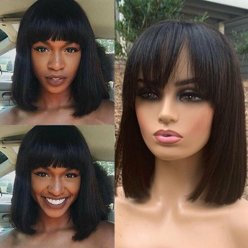 Photo 1 of 100% Remy Malaysian Human Hair Wigs With Bangs Bob Straight Full Wig Black Brown
