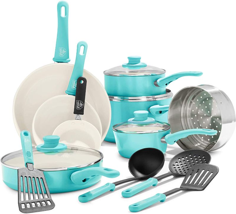 Photo 1 of GreenLife Soft Grip Healthy Ceramic Nonstick 16 Piece Cookware Pots and Pans Set, PFAS-Free, Dishwasher Safe, Turquoise
