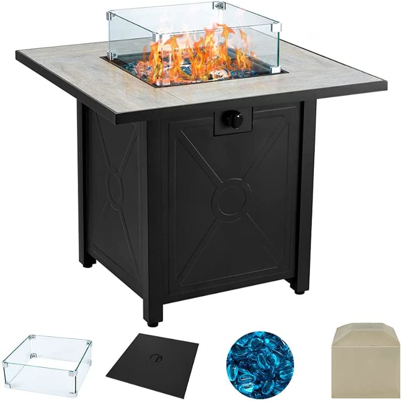 Photo 1 of AVAWING Propane Fire Pit Table, 30 inch 50,000 BTU Square Gas Firepits w/Ceramic Tabletop with Waterproof Cover, Glass Wind Guard, Tempered Glass Beads, Protective Cover
