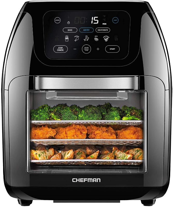 Photo 1 of Chefman Multifunctional Digital Air Fryer+ Rotisserie, Dehydrator, Convection Oven, 17 Touch Screen Presets Fry, Roast, Dehydrate & Bake, Auto Shutoff, Accessories Included, XL 10L Family Size, Black. BOX DAMAGE. NEW ITEM.
