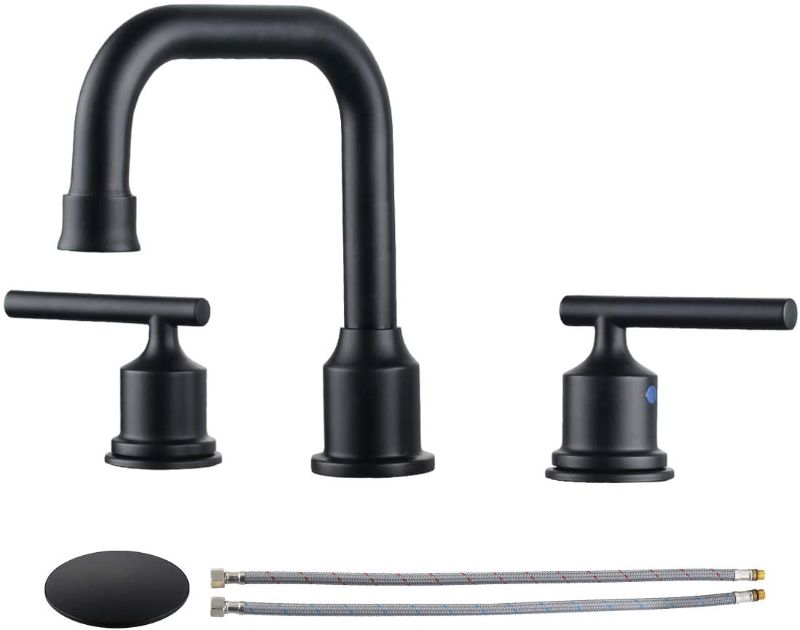 Photo 1 of  Two Handles Widespread 8 inch Bathroom Faucet Black 3 Pieces Basin Faucets 360 Degree Swivel Spout Lavatory Sink Faucet