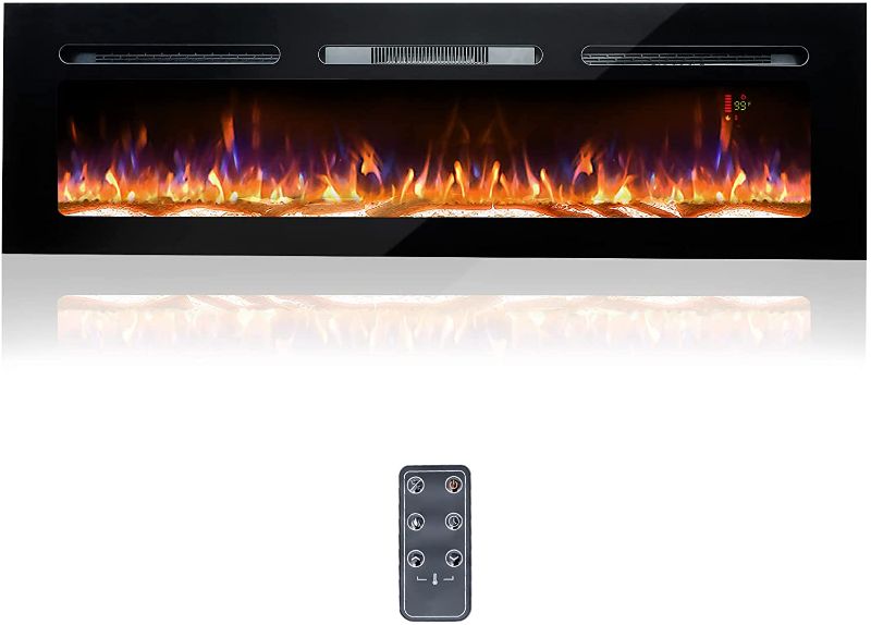 Photo 1 of BizHomart 60 Electric Fireplace, Recessed & Wall Mounted Electrical Fireplace with Bracket, Ultra Thin, Low Noise, Remote Control, Timer, Logset & Crystal, Adjustable Flame Color, 1500W, Black