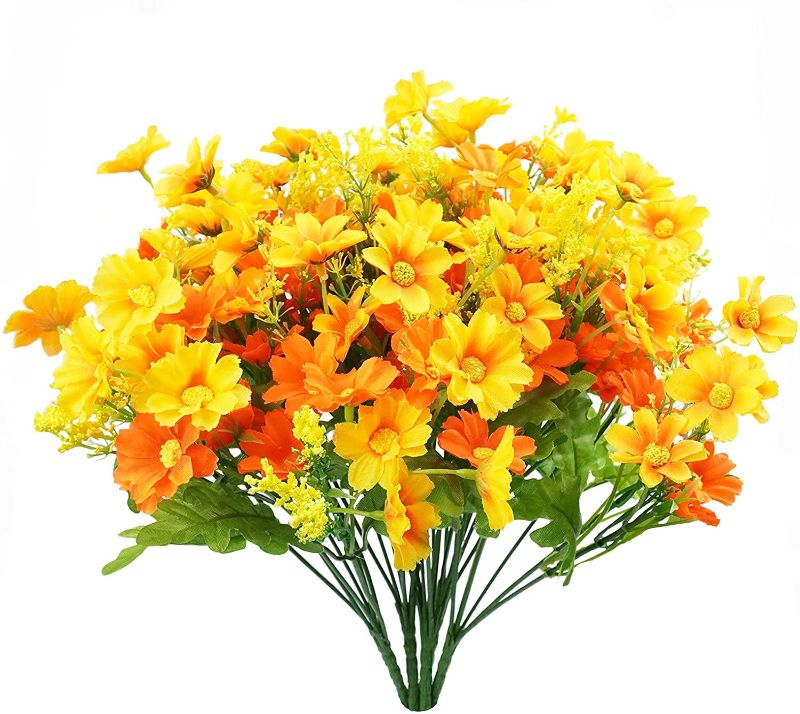 Photo 1 of Artificial Fake Flowers, 6 Bundles Daisy Mums Flowers Outdoor UV Resistant No Fade Greenery Shrubs Plants Indoor Outside Hanging Planter Home Wedding Office DIY Garden Porch Décor (Orange Yellow)
