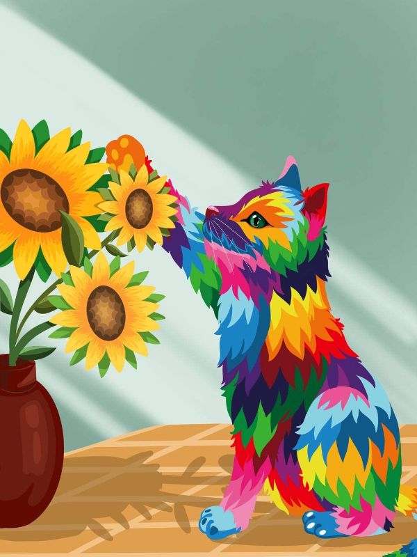 Photo 1 of Holyfer Paint by Numbers Kits - DIY Canvas Painting Kits for Kids & Adults & Beginner - 12 x 16 inch - Sunflower and cat