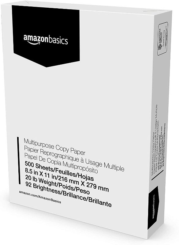 Photo 1 of Amazon Basics Multipurpose Copy Printer Paper, 8.5 x 11 Inch 20Lb Paper - 1 Ream (500 Sheets), 92 GE Bright White
