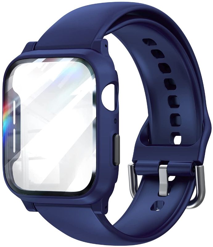 Photo 1 of L?K Compatible with Apple Watch 44mm SE Series 6/5/4 Band Strap with Case Built-in Tempered Glass Screen Protector for iWatch, Sports Protective Cases Drop-Proof Shockproof - Blue
