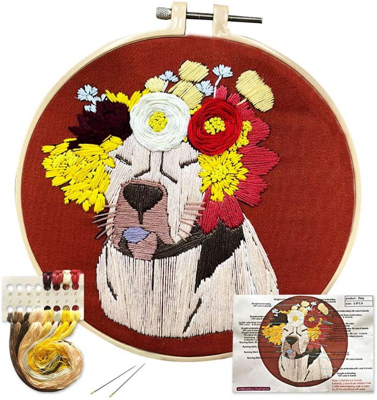 Photo 1 of Embroidery Kit with Pattern, A AMEBAY Cross Stitch Kits Including Embroidery Cloth with Dog Flowers Pattern, Needles, Hoops and Color Threads Tools Needlework Supplies for Beginners
