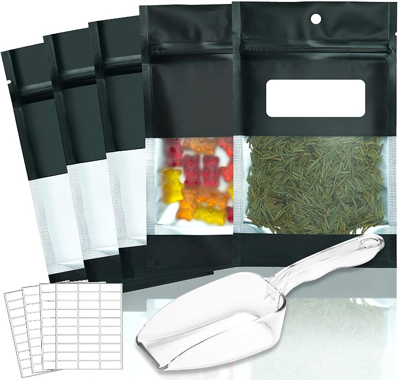 Photo 1 of ALLY Tools 120 PC 4 x 6.5 Inch Matte Black Smell Proof Bags with Stand Up Bottom Includes Scoop and 1 x 2-5/8" Labels, Clear Window and Resealable Ziplock, Mylar Bags ideal for 3.5g and 7g of Flower
