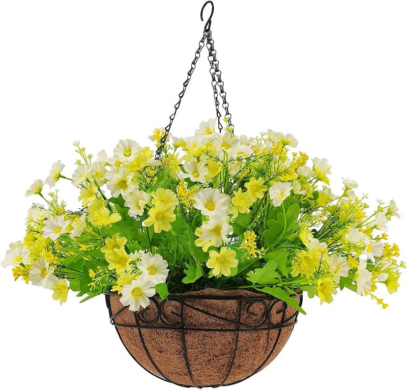 Photo 1 of Artificial Hanging Baskets with Flowers Jumping Orchid Chrysanthemum for Courtyard Decor with 12inch Coconut Lining Hanging Baskets (Green White)
