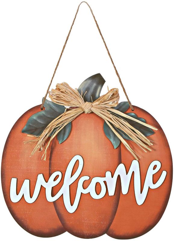 Photo 1 of Full Pumpkin Welcome Sign Wood Pumpkin Welcome Sign Decorative Pumpkin Wooden Sign Wood Pumpkin Hanging Sign Rustic Pumpkin Welcome Door Hanger for Autumn Harvest Thanksgiving
