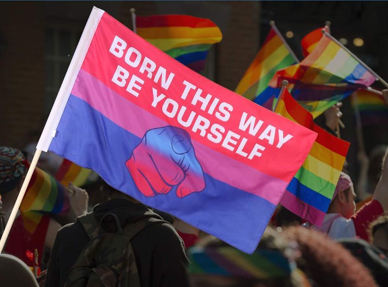 Photo 1 of BATATADOCE Bisexual Pride Flag Progress Bi Banner-3x5 Fts LGBT Bisexual Flags,Parade Garden House Outdoor Banner Flags-UV Fade Resistant Slogan Flag-BORN THIS WAY,BE YOURSELF
