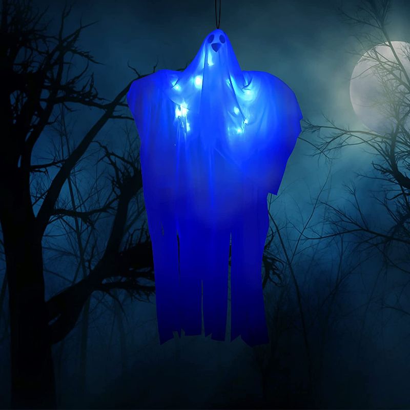 Photo 1 of CL FUN Halloween Ghost Hanging Decorations with Blue LED Light, 48'' Spooky White Hanging Ghosts, Halloween Yard Decoration Clearance for Holiday Garden Tree Party Decor Indoor Outdoor
