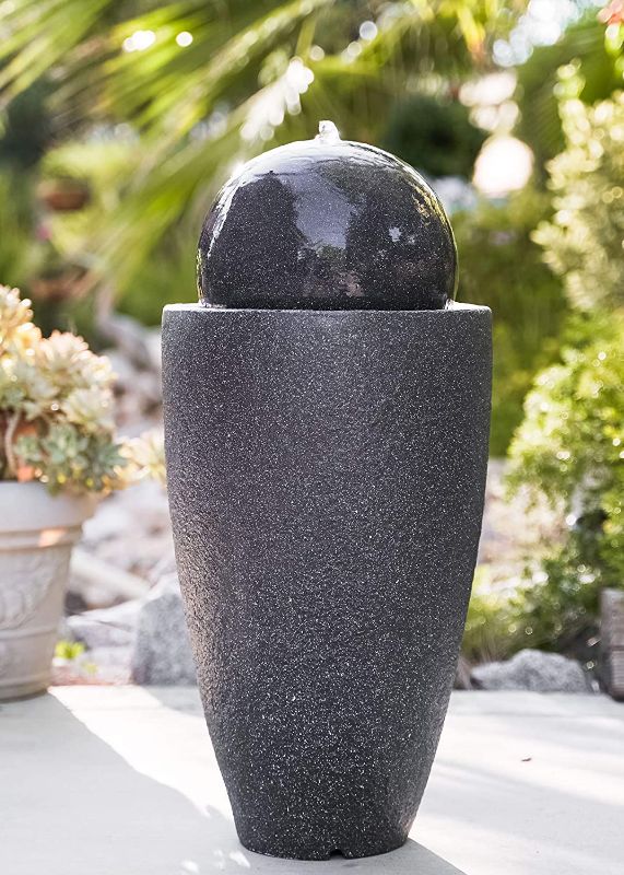 Photo 1 of XBrand GE2612FTBK Modern Stone Textured Round Sphere Water Fountain w/LED Lights, Indoor Outdoor Décor, 25.6 Inch Tall, Black
