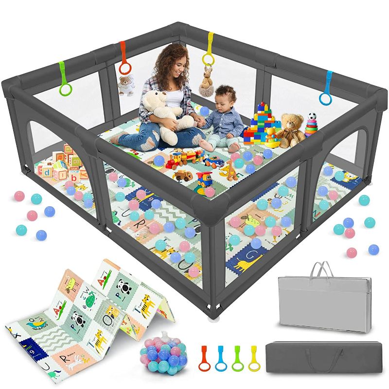 Photo 1 of Aotolo Baby Playpen, Large Playpen with Mat for Toddlers, 50 Pit Balls/Anti-Slip Suckers/Baby Play Yard with Gate, Safety Baby Fence Play Area for Indoor Outdoor 81.8x61.6x27'' (Dark Grey)
