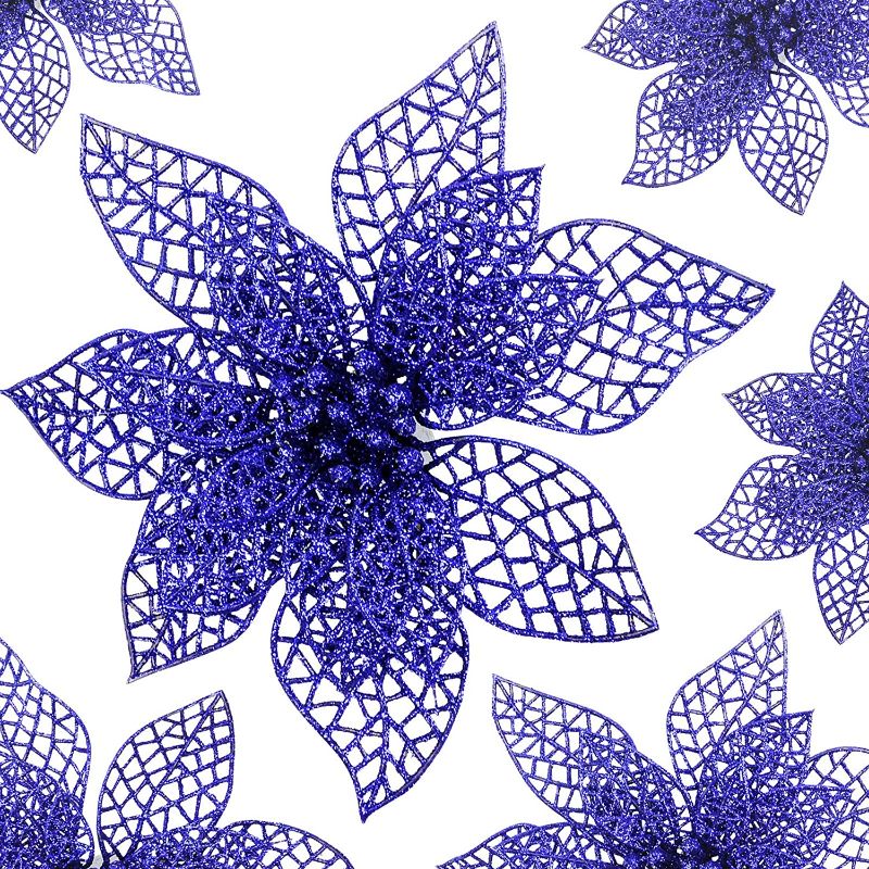 Photo 1 of 12 Pack Purple Christmas Flowers Glitter Artificial Poinsettia Flowers for Christmas Tree Decoration (Purple)
