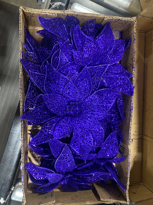 Photo 2 of 12 Pack Purple Christmas Flowers Glitter Artificial Poinsettia Flowers for Christmas Tree Decoration (Purple)
