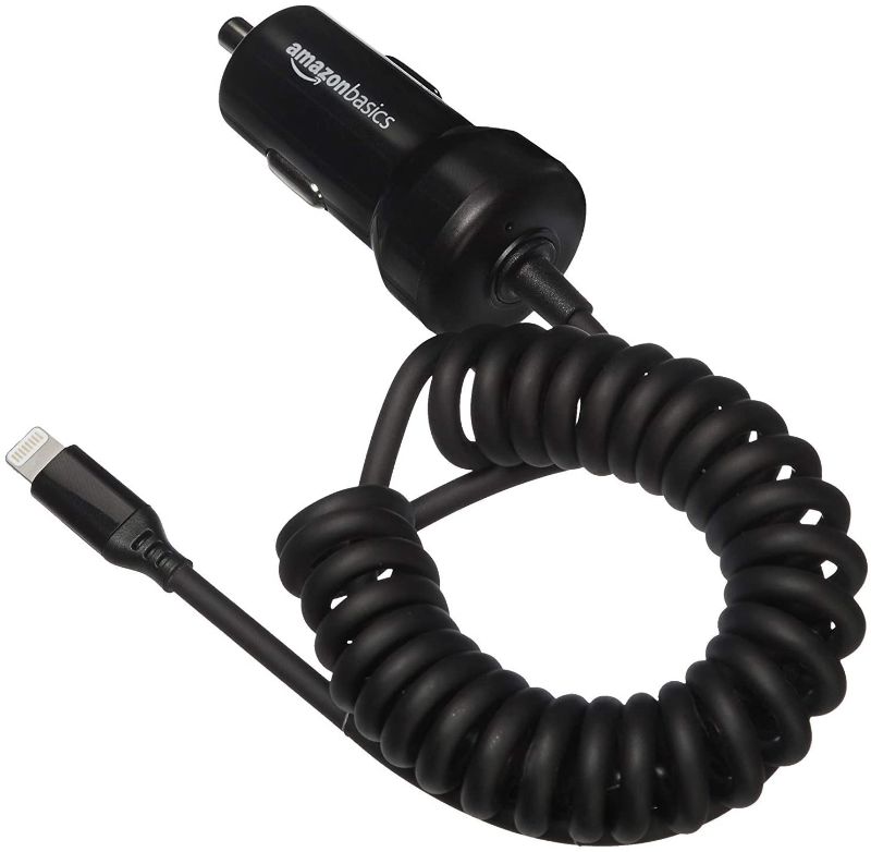 Photo 1 of Amazon Basics Coiled Cable Lightning Car Charger, 1.5 Foot, Black
