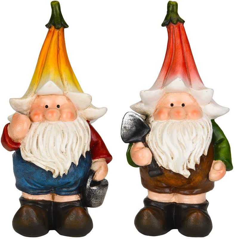 Photo 1 of E.SUN CRAFT Garden Gnome Statues Resin Gnome Elf Ready Work Figurines Wearing a Flower Hat Holding Tools Outdoor Art Decorations Patio Yard Lawn Porch Housewarming Gift Set 2, 3.15×2.95×6.5 inches

