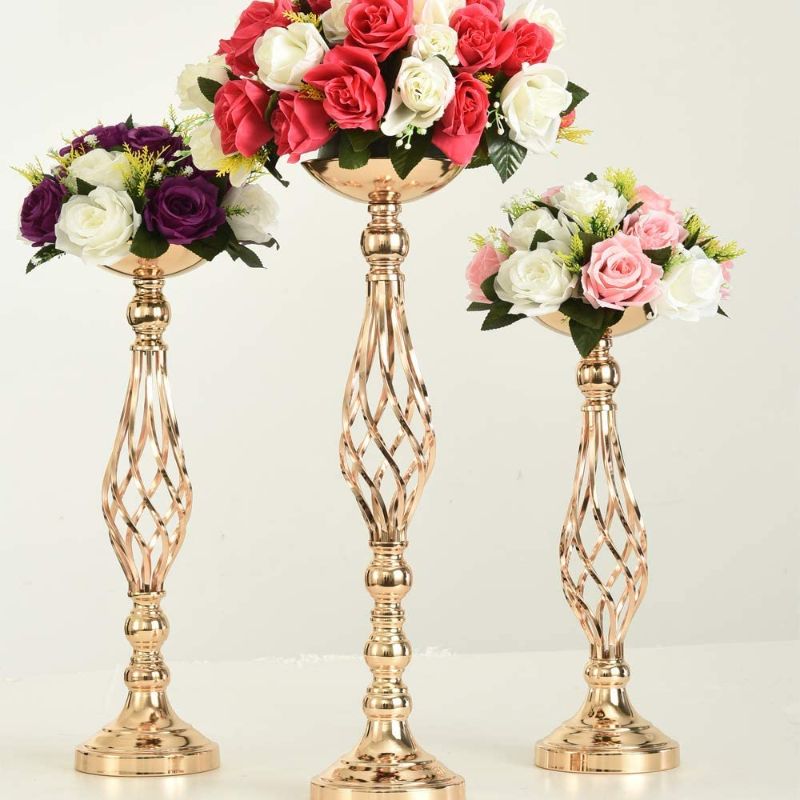 Photo 1 of 3pcs Metal Gold Candle Holders Road Lead Table Centerpiece Stand Pillar Candlestick for Wedding Candelabra Flowers Vases