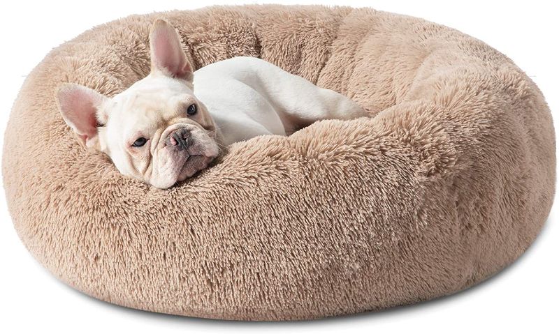 Photo 1 of Calming Dog Beds for Small Medium Large Dogs - Round Donut Dog Bed, Anti-Slip Faux Fur Fluffy Donut Cuddler Anxiety Cat Bed