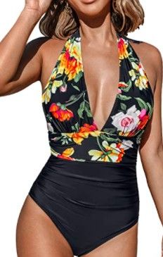 Photo 1 of CUPSHE Women's One Piece Swimsuit Halter Plunge Neck Ruched Tummy Control Bathing Suits size:M