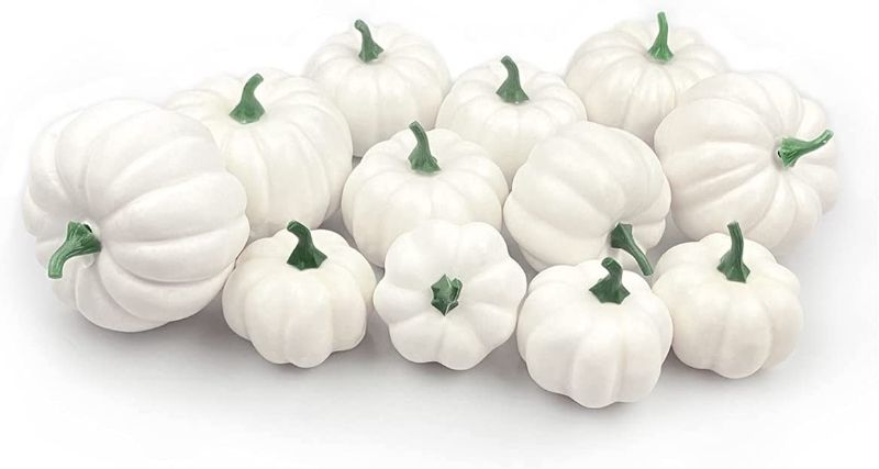 Photo 1 of 12 Pack Assorted Sizes White Artificial Pumpkins Set Fake Harvest Pumpkin for Fall Decor Home Halloween Thanksgiving Party Wedding Decorations