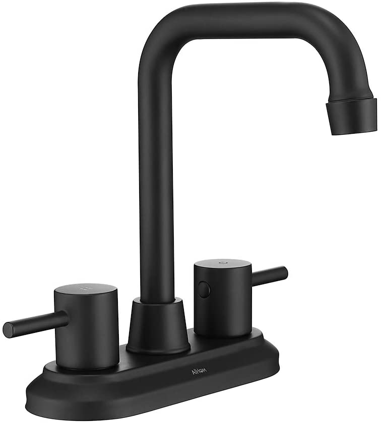 Photo 1 of AiHom Bathroom Faucet Black 4 Inch Lavatory Faucet 2 Handle Centerset Bathroom Sink Faucet, Stainless Steel High Arc 360° Swivel Spout Vanity Faucet (Sink Drain and Supply Hose not Included)