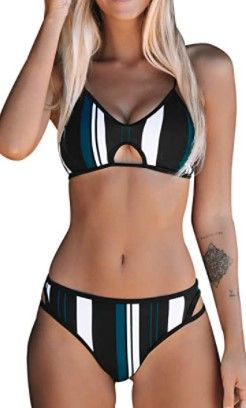 Photo 1 of CUPSHE Women's Blue White Striped Adjustable Strap Bikini Sets size:M