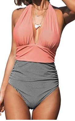 Photo 1 of CUPSHE Women's One Piece Swimsuit Halter Plunge Neck Ruched Tummy Control Bathing Suits size:L