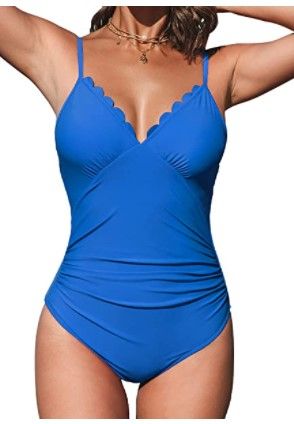 Photo 1 of CUPSHE Women's Blue Scallop Trimmed V Neck Adjustable Straps One Piece Swimsuit size:M