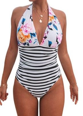 Photo 1 of CUPSHE Women's One Piece Swimsuit Halter Plunge Neck Ruched Tummy Control Bathing Suits size:M