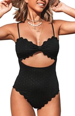 Photo 1 of CUPSHE Women's One Piece Swimsuit Sexy Black Cutout Scallop Trim Bathing Suit size:S