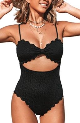 Photo 1 of CUPSHE Women's One Piece Swimsuit Sexy Black Cutout Scallop Trim Bathing Suit size:L
