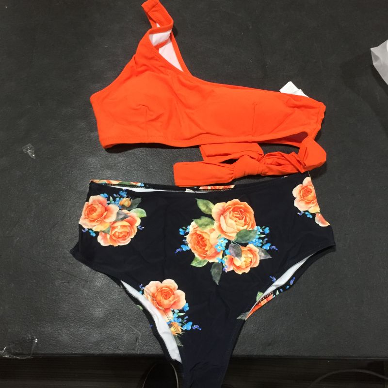 Photo 1 of CUPSHE Women's One Shoulder Bikini Swimsuit Orange high Rise Two Piece Bathing Suit size:L