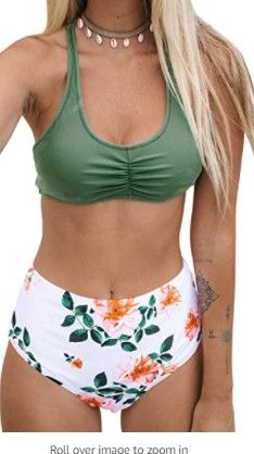 Photo 1 of CUPSHE Women's High Waisted Bikini Floral Lace Up Two Piece Swimsuits size:S