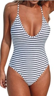 Photo 1 of CUPSHE Women's One Piece Swimsuit Striped Scoop Neck Cross Back Beach Swimwear Bathing Suits size S