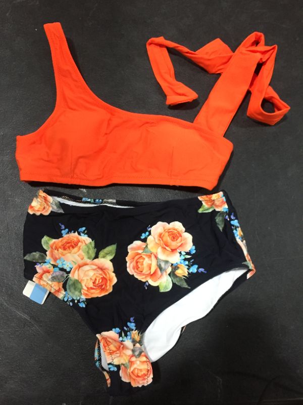 Photo 2 of CUPSHE Women's One Shoulder Bikini Swimsuit Orange Mid Rise Two Piece Bathing Suit size S