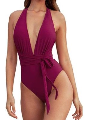 Photo 1 of CUPSHE Women’s One Piece Swimsuit Sexy Deep V Neck Solid Red Bathing Suit size M