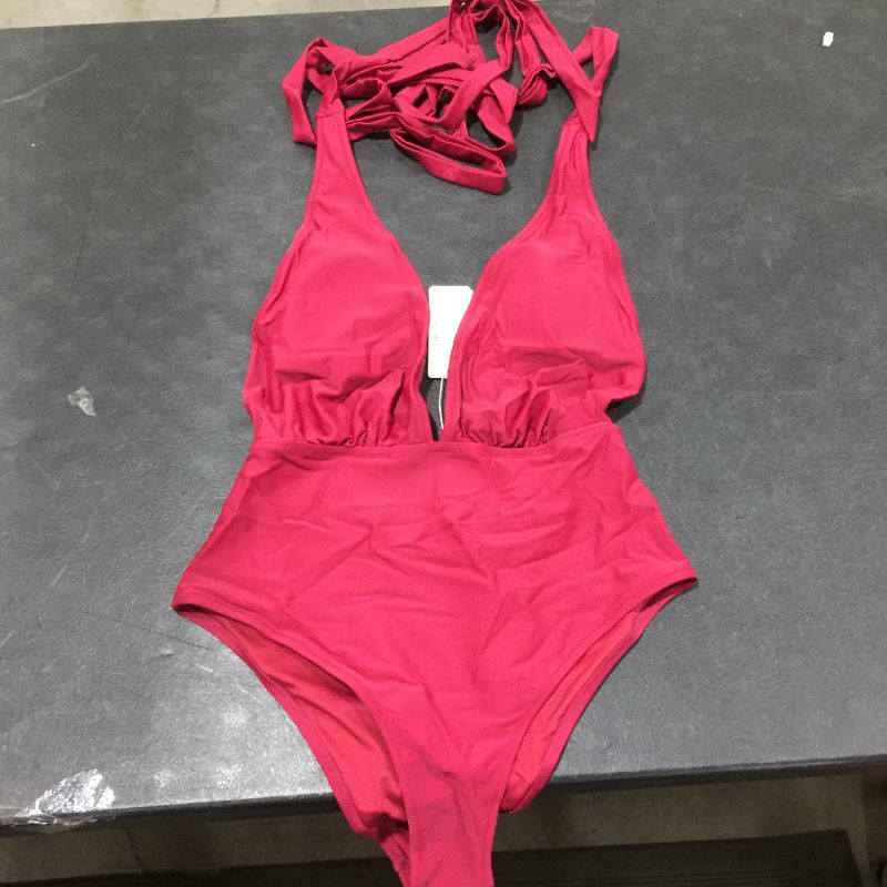 Photo 2 of CUPSHE Women’s One Piece Swimsuit Sexy Deep V Neck Solid Red Bathing Suit size M