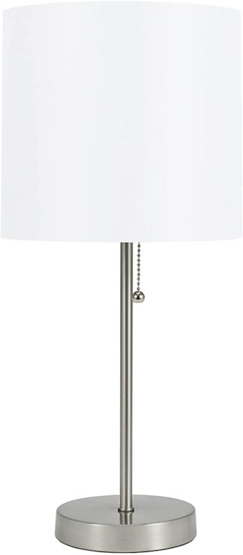 Photo 1 of Catalina Lighting 17842-030 Modern Stick Accent Table Lamp with Pull Chain and White Fabric Shade, 19", Brushed Steel
