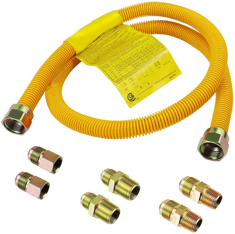Photo 1 of 48 Inch Gas Hose Connector Kit for Stove, Dryer, Gas Water Heater, Pipe Diameter 1/2-3/4 Inch, Connector Size 1/2 in OD (1/2 in ID) MIP X 1/2 in, MIP X 3/4 in, Stainless Steel, Yellow Rind
