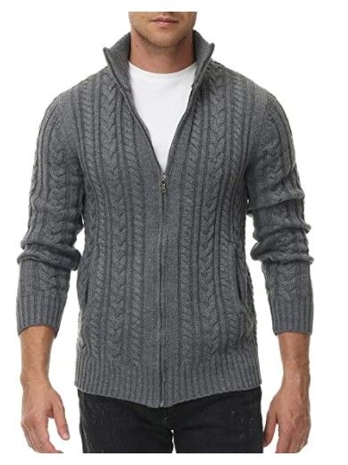 Photo 1 of PJ PAUL JONES Men's Full Zip Cardigan Sweaters Thermal Cable Knitted Twisted Sweater with Pockets- Grey- Medium
