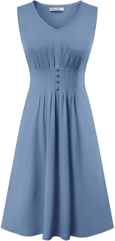 Photo 1 of GRACE KARIN Women Sleeveless Pleated Swing Belted Dress Casual, Light Blue, Size- Large
