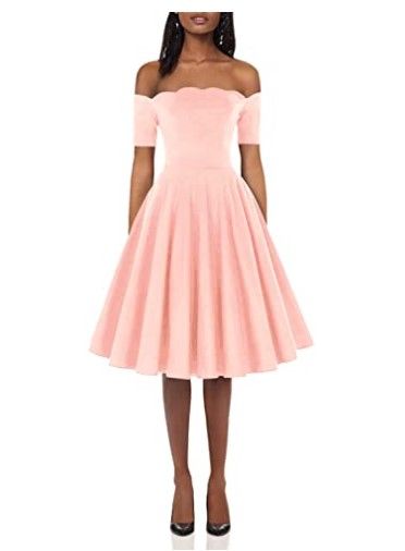 Photo 1 of PAUL JONES Women's 1950s Off Shoulder Swing Dress Knee Length Vintage Dress- Pink- Small
