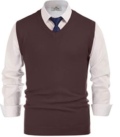 Photo 1 of PJ PAUL JONES Mens V-Neck Knitted Sweater Vest Solid Plain Sleeveless Pullover Knitwear- Brown- Small
