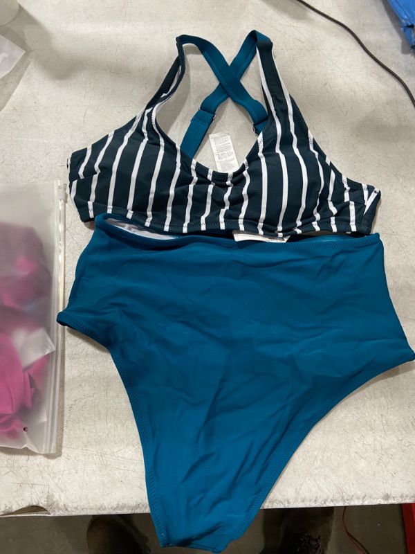 Photo 2 of Womens (M) Teal And White Striped High Waisted Bikini
